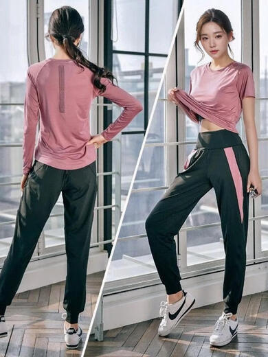 Ayub Yoga Wear Women's Summer Slim Loose Sports Fitness Quick-Drying Stretch Breathable Pilates Training Top Set Dark Purple Three-piece Set Short Sleeves + Long Sleeves + Pants S80-95Jin Jin equals 0.5 kg