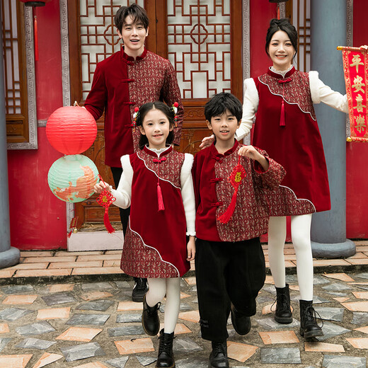 New Year's greetings clothing, parent-child clothing, family of three or four girls and boys, Tang suit, mother and daughter, mother and son, cheongsam, Chinese style, new Chinese style velvet splicing 110 boys