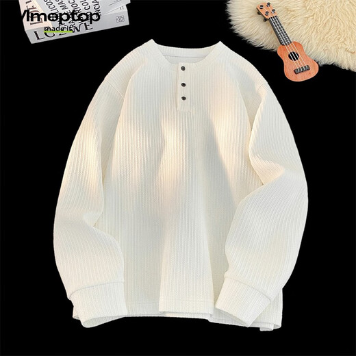 MMOPTOP American Henry collar long-sleeved T-shirt autumn and winter men's textured solid color bottoming shirt MTX20 white XL