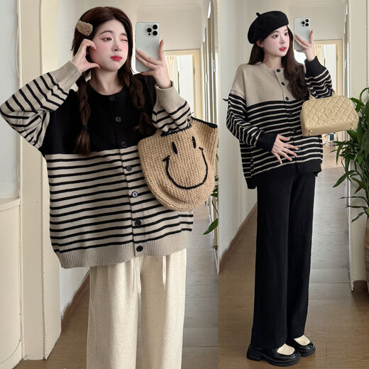 Jung-Mi maternity clothing spring and autumn clothing 2025 pregnant women autumn and winter fashion loose slimming age-reducing striped sweater cardigan apricot color-single-single top L