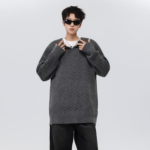 American retro twist design sweater for men and women, lazy henley collar loose pullover sweater for men and women, gray thick XL