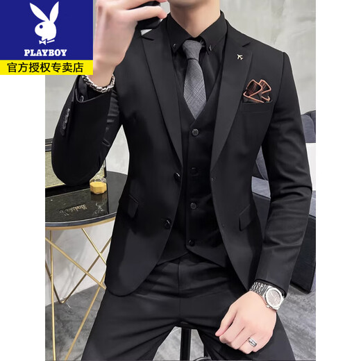 Playboy Spring and Autumn Groom Suit Men's Slim Suit Large Size Solid Color Wedding Dress Business Casual Interview Formal One Button Thin Dark Gray (Suit+Vest+Trousers, Free Black Shirt Bow Tie L 50