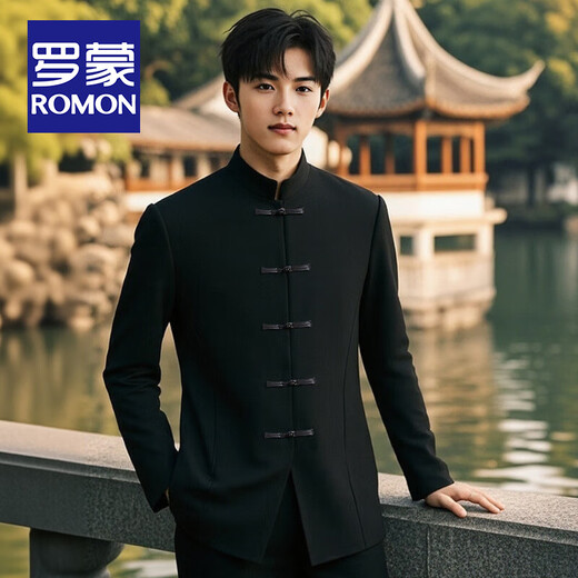ROMON New Chinese style Chinese tunic suit men's national style button-down stand-up suit suit groom wedding wedding suit national fashion jacket black jacket + pants XS