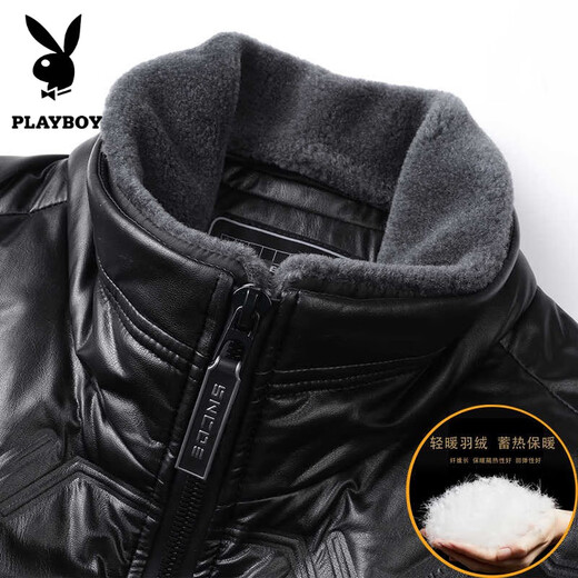 Playboy (PLAYBOY) Genuine Leather Down Jacket Men's 2025 Winter Lapel Removable Wool Casual Youth and Middle-aged High-end White Duck Down Leather Jacket Black S (165)