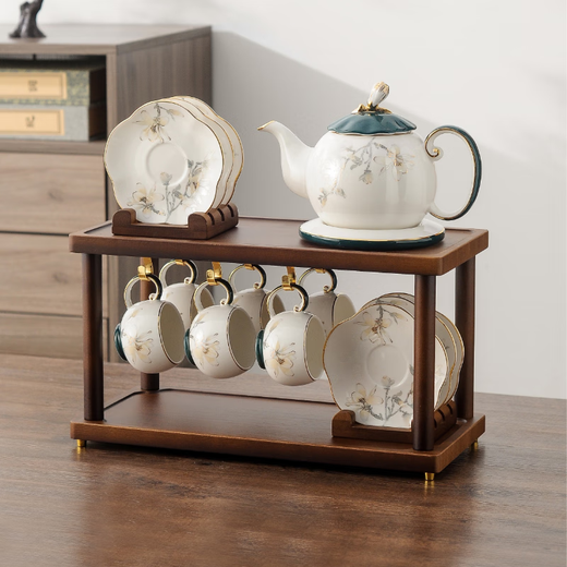 Yanze New Chinese Tea Set Living Room Light Luxury High-end Afternoon Tea Teapot Teacup Complete Gift Box Cup Set Orchid Scenery Dark Green 17-piece Set - Rectangular Shelf