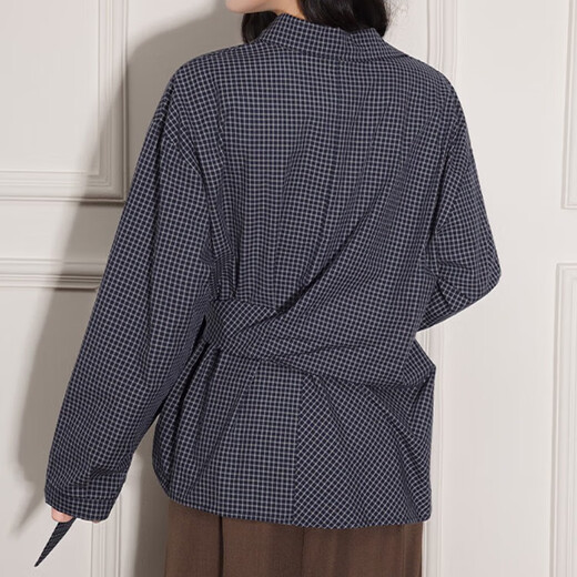 CHOCOOLATE it women's trendy brand Korean temperament strap waist design long-sleeved plaid shirt women's autumn and winter new top women's navy blue L