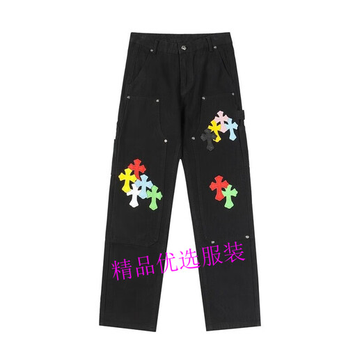 Chrome Heart 2025 Heiße Trendy Brand Cross Stickerei High Street Amerikanische vielseitige Männer und Frauen Lose Jeanshosen gerade Hosen 9928 Schwarz S