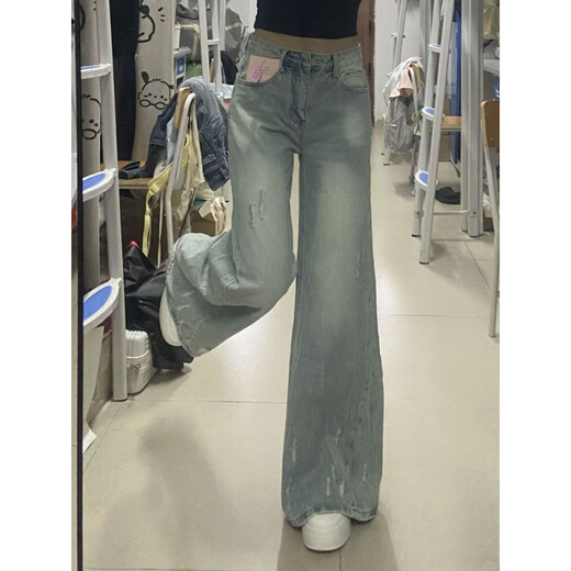 Idiom reduziert die amerikanischen Retro-Jeans mit breitem Bein für Frauen 2025 Frühling und Herbst neue losen, schmale, lässige lockere Hosen Blaues kleines Modell M Empfohlen 90-100jin [Jin entspricht 0,5 kg]