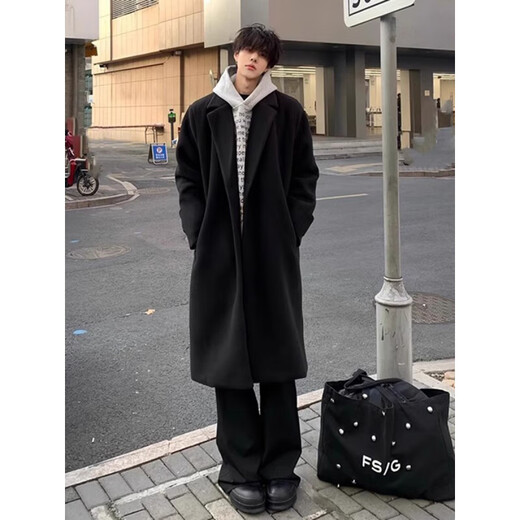 Shelley Jones Abrigo de lana negro de longitud media para hombre Otoño e invierno Nuevo cortavientos por encima de la rodilla de alta calidad Abrigo de lana atractivo estilo británico Negro Regular M Recomendado 80-100 Jin Jin es igual a 0,5 kg