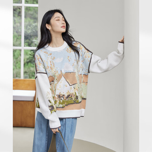 
Dialogue art paintings co-branded towel embroidered jacquard pullover sweater for women 2025 autumn loose lazy style sweater light blue landscape jacquard M