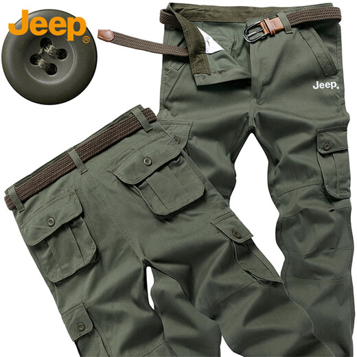 JEEP overalls men's loose autumn and winter straight casual pants multi-pocket versatile men's pants grass green 32