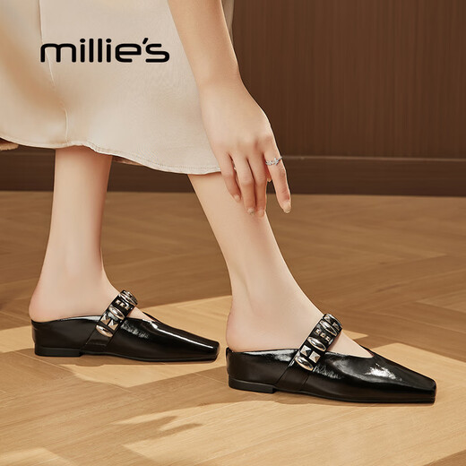 妙丽（Millies）高级感平底内增高包头半拖鞋女外穿真皮气质百搭凉拖女 黑色 38