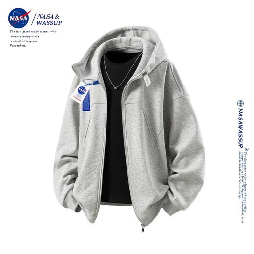 Nasawassup official fashion brand co-branded cardigan sweatshirt men's autumn and winter American hooded long-sleeved jacket solid color men's large size top light gray XL (recommended 130-140Jin Jin equals 0.5 kg)