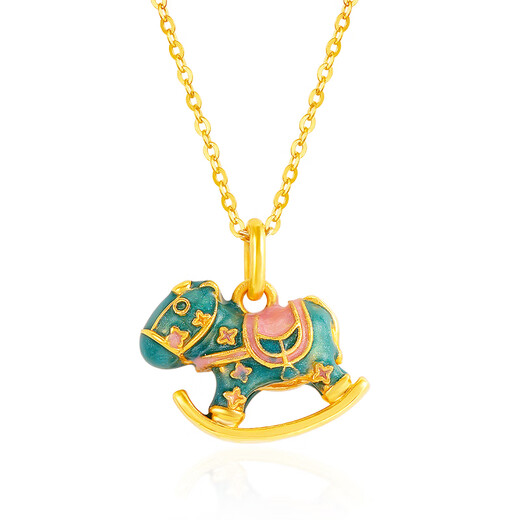 Mingzuan International 18K gold small wooden horse pendant female au750 new national trend fashion enamel neck necklace birthday gift for girlfriend