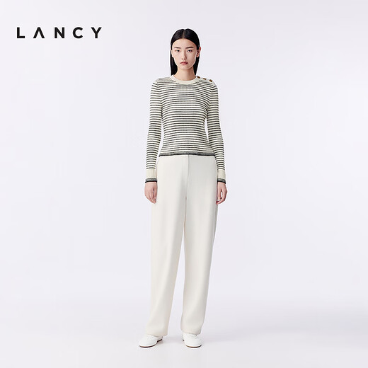 LANCY wool cashmere new winter striped sweater women's elegant design short top white L