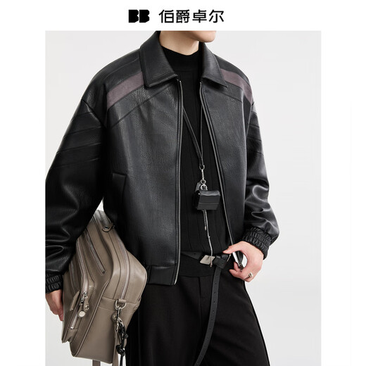 Earl Dowel Fashion Bloqueo de color Bloqueo de cuero Ropa de cuero para hombres 2025 Autumn New Campeer Chaqueta de cuero Men E531422 Moonlight Night Black XL (180)