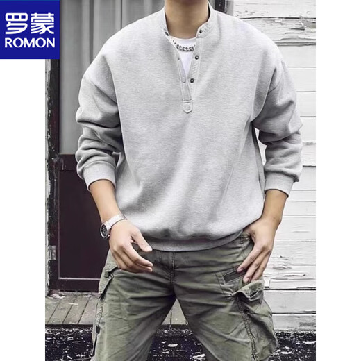 ROMON Japanese retro autumn and winter men's Henry collar long-sleeved bottoming shirt casual loose pullover sweatshirt thickened large size men's trendy gray plus velvet style high quality M
