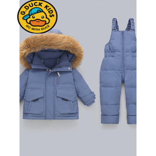 G.duck children's down jacket set, boys overalls, stylish 1-3 year old infants and young children winter clothing, baby girl two-piece set to keep warm, haze blue, brown raccoon fur 80 cm recommended height (75-b