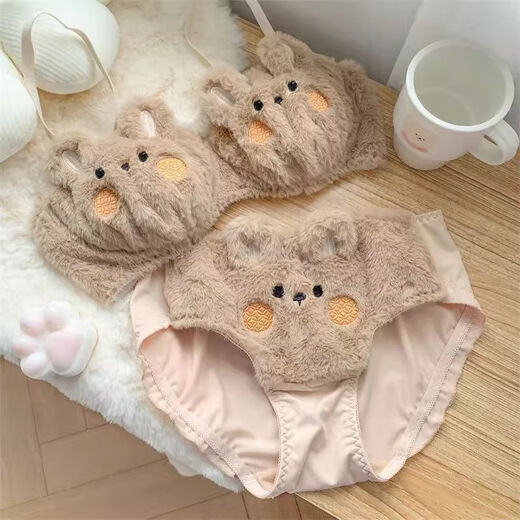 Renduo Small Breast Underwear Lucky Cat Underwear Furry Rabbit Plush Bra Super Cute Underwear Complete Set Carrot Rabbit-White 70A 32 S/70AB Cup
