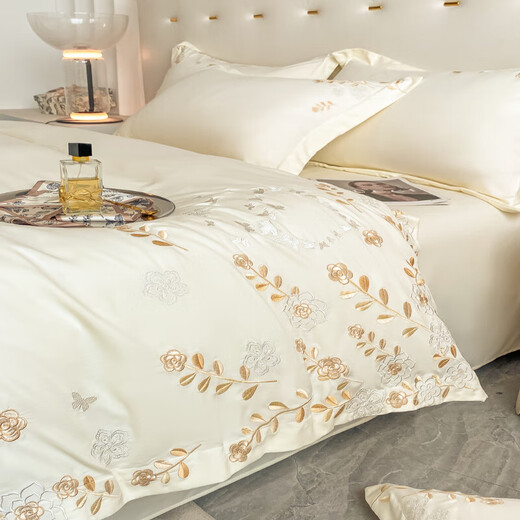 Mercury series 160-count cotton brushed thickened four-piece set pure cotton sheets, fitted sheets, embroidered quilt covers, skin-friendly bedding 4, bean paste powder, 1.8 meter bed sheet, four-piece set, quilt cover 200 230