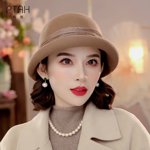 Buta Hat Women's Autumn and Winter Handmade Flower Top Hat Bere Warm Wool Felt Top Hat Versatile Fashion Retro Camel