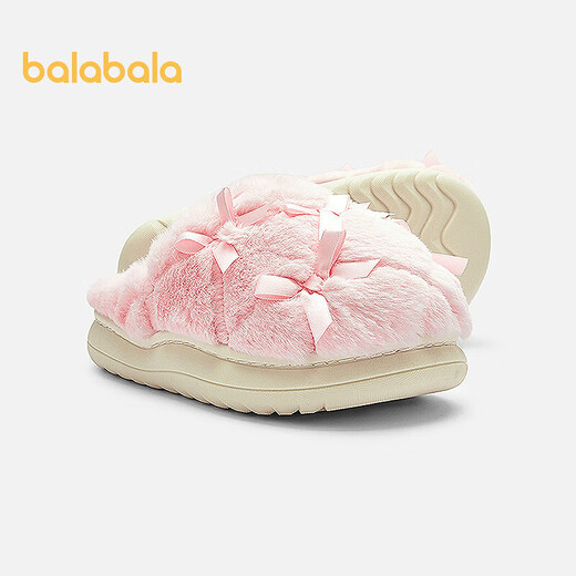 Balabala children's cotton slippers for girls and babies 2025 new autumn and winter cotton shoes plus velvet indoor home shoes with bow pink 60001 31 (foot length 18.8-19.2/inner length 20.4)