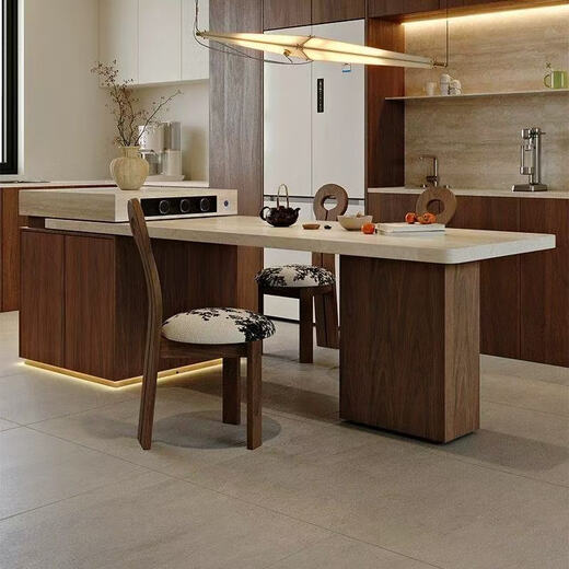 Multifunctional solid wood retractable integrated island dining table and chair combination in antique style walnut color imported travertine stone slab Island dining table + flat version (track socket) 1.6 meters Island dining table + 4 chairs