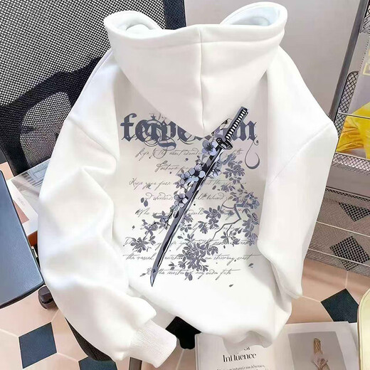 鲁雅尔 潮牌vintage樱花剑印花卫衣男装秋季高街潮流连帽衫休闲百搭外套 白灰色常规 XL 【建议120-140斤】   