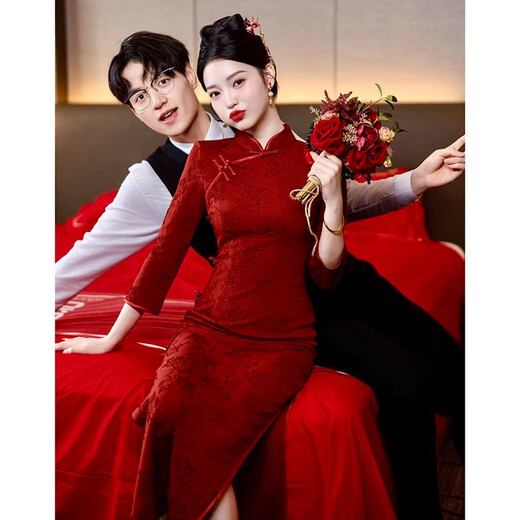 Pierre Cardin New Chinese Style Red Wedding Cheongsam Toast Wear 2025 New Bride Long Engagement Party Slim Dress Burgundy S