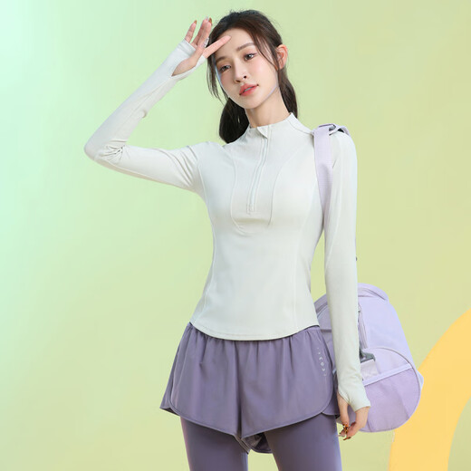 Best velvet new long-sleeved yoga clothes for women autumn and winter half-zip fitness quick-drying high-end training Pilates tights light apricot long-sleeved M