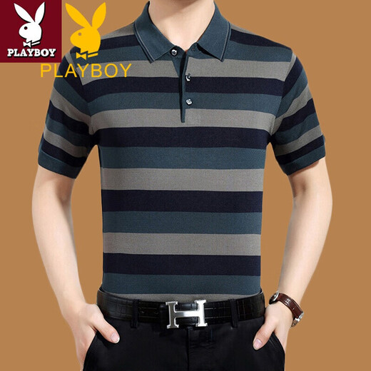 Playboy Middle-aged Men's Short Sleeve T-shirt Lapel Casual Striped Daddy's Ice Silk Men's T-shirt 1518 Burgundy 180---XXL Size