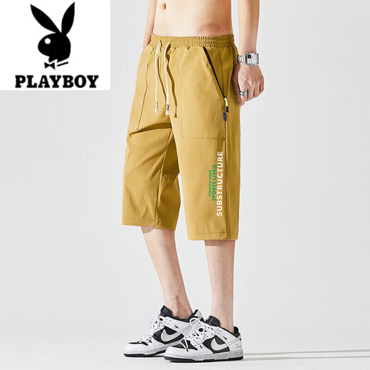 花花公子（PLAYBOY）纯色七分裤夏季潮牌青少年冰丝抽绳男士宽松速干休闲工装裤直筒裤 10972S黑色 M