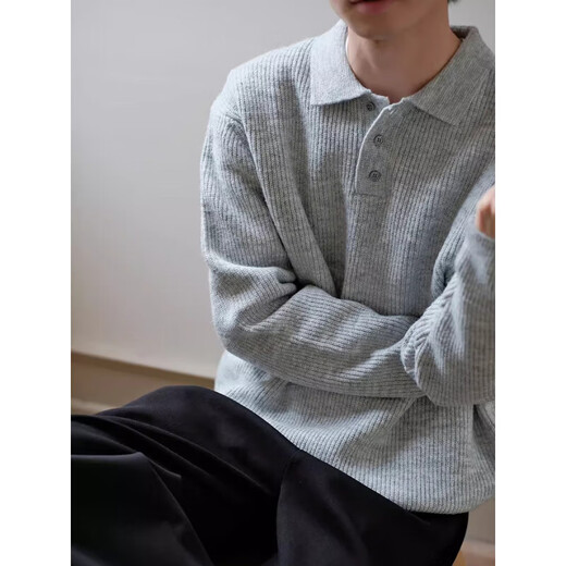 Old money style pique ground lapel POLO shirt sweater autumn and winter new lazy trend men's Henry collar versatile knitted sweater light gray 2XL (150-170Jin Jin equals 0.5 kg)