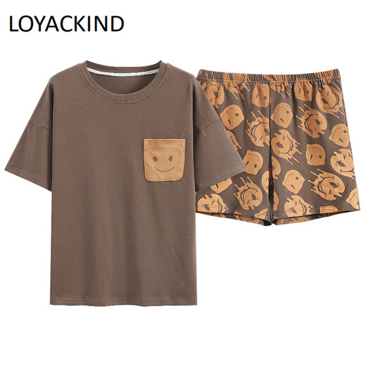 LOYACKIND Pyjamas pour Femmes Été Coton Mince Mignon Style Coréen Étudiant à Manches Courtes Deux-Pack Printemps et Automne Lâche Été Vêtements de Maison Marron GXT6636 Couleur de l'image XL (Recommandé 115-130 Jin Jin équivaut à 0,5 kg)