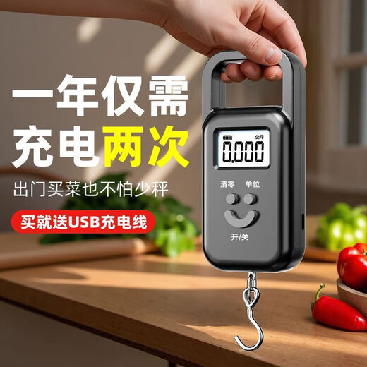 【张晨光代言】手提电子秤手提秤便携式高精度家用快递称弹簧秤称重食物行李称钓鱼用称 长续航充电款黑色50公斤-精度5克