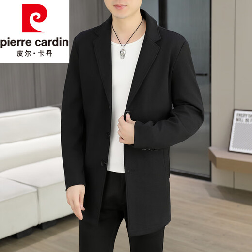 皮尔卡丹（pierre cardin）春秋季中长款风衣男士潮牌感韩版修身纯色西装外套男休闲西服针织 灰色 L 110-125斤