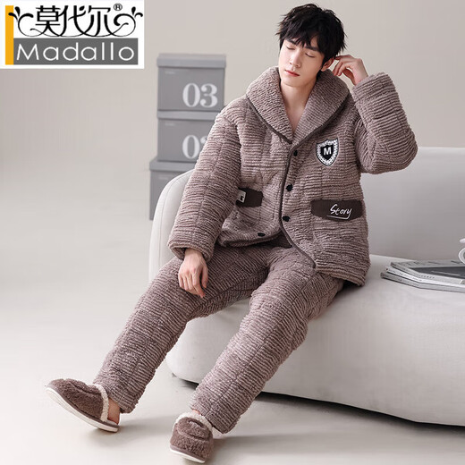 Modal coral velvet pajamas for men in winter plus velvet thickened three-layer cotton spring and autumn home clothes men 2025 warm-keeping suit PMQ three-layer cotton-men 13063 L