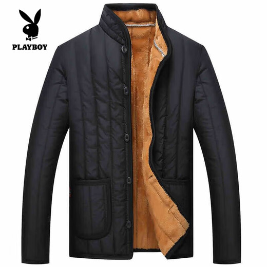 Playboy (PLAYBOY) Middle-aged and old cotton-padded jackets for men, short daddy clothes, plus velvet and thickened labor protection cotton-padded jackets, men's winter tops, grandpa-style jackets, official flagship black 2202 cotton-padded jackets, L recommended 70-90Jin Jin equals 0.5 kg