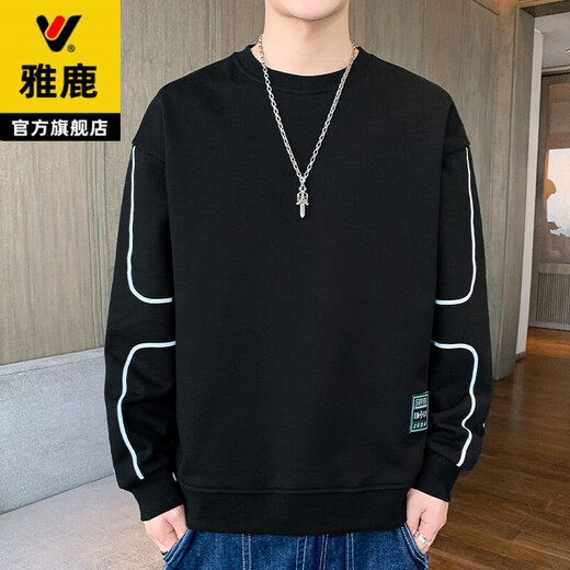 Yalu sweatshirt men's autumn and winter long-sleeved T-shirt loose round neck trendy brand plus velvet thickened large size bottoming shirt warm top DB601 black spring and autumn style XL recommended 140-160Jin Jin equals 0.5 kg