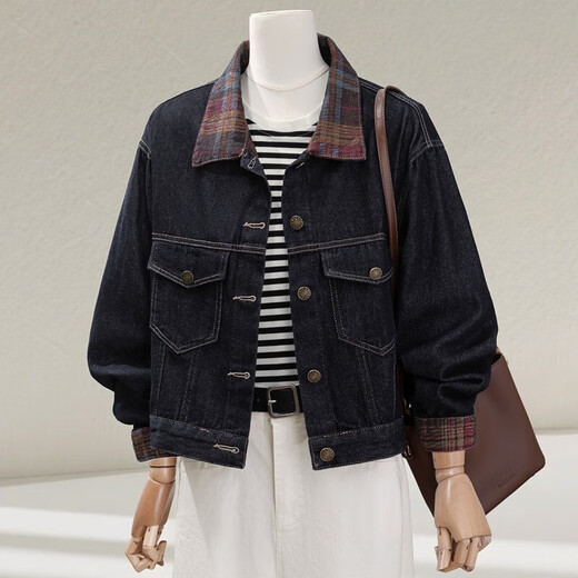 Cypress lapel long-sleeved denim jacket for women 2025 autumn new style retro short single-breasted top