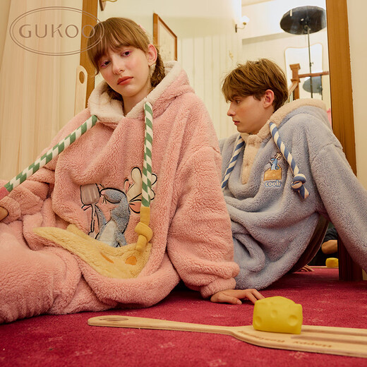 Gukoo Couple Pajamas Winter Ratatouille Co-branded New Coral Velvet Warm Women's Homewear Set Men's Pajamas D Paradise Pink Women's Nightgown M