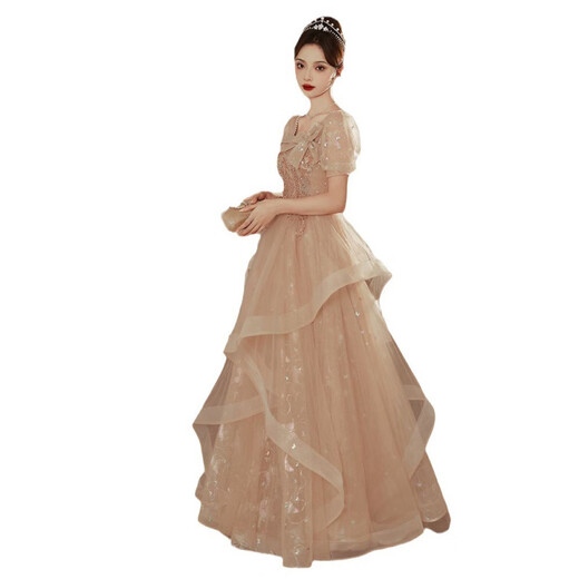 ROMON evening dress for women autumn 2025 new high-end banquet waist slimming light luxury niche French square neck dress champagne long style M recommended 95-105 Jin Jin equals 0.5 kg