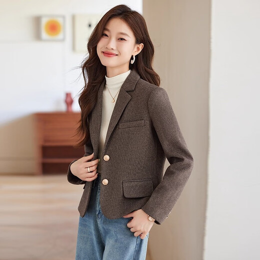 Punizi chaqueta de traje de lana corta color café para mujer 2025 otoño e invierno nuevo estilo pequeño traje de lana casual de alta gama traje de una sola pieza color café S