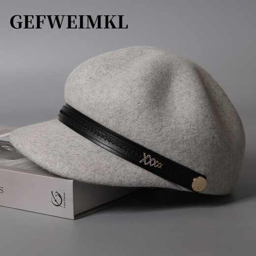 GEFWEIMKL retro pu belt equestrian hat women's autumn and winter merino wool felt hat versatile octagonal hat temperament peaked hat khaki adjustable (56-58cm)
