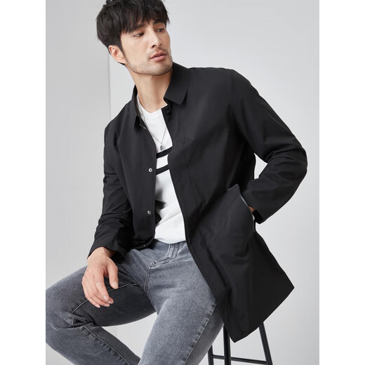 Su Lai Hangzhou Italian-French men's windbreaker high-end lapel mid-length men's 2025 spring simple loose thin coat black M