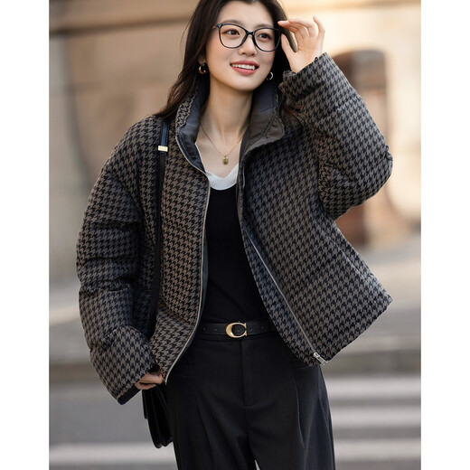 Demana двусторонняя жаккардовая куртка с узором «гусиные лапки», зима 90, утиный пух, воротник-стойка, четырехслойная короткая свободная женская куртка-пуховик