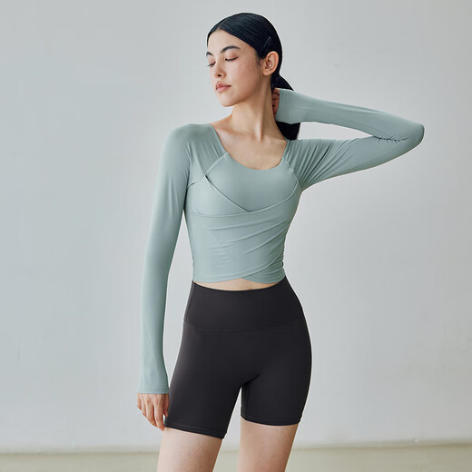 Gigt Jiji yoga wear women's long-sleeved autumn pleated waist slimming sports T-shirt with chest pad Pilates training wear milk coffee white M