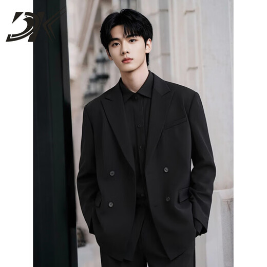 DK Brand Men's Suit Suit Men's Loose Handsome Suit Casual Engagement Dress Wedding High-Quality Jacket Men Forest Black Jacket + Pants + Black Shirt XL