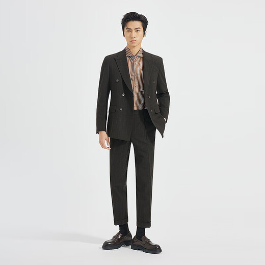 Lilang Shopping Mall Same Style SMART Suit Men's Double-Breasted Suit Nine-Point Pants Suit Striped 2025 Autumn Dark Brown Gray (25QXF251SA) 165A