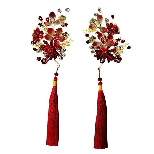Lingchuan Chinese style bridal ear-hook hair accessories red crystal flower tassel Xiuhe headdress wedding cheongsam accessories hair accessories pair
